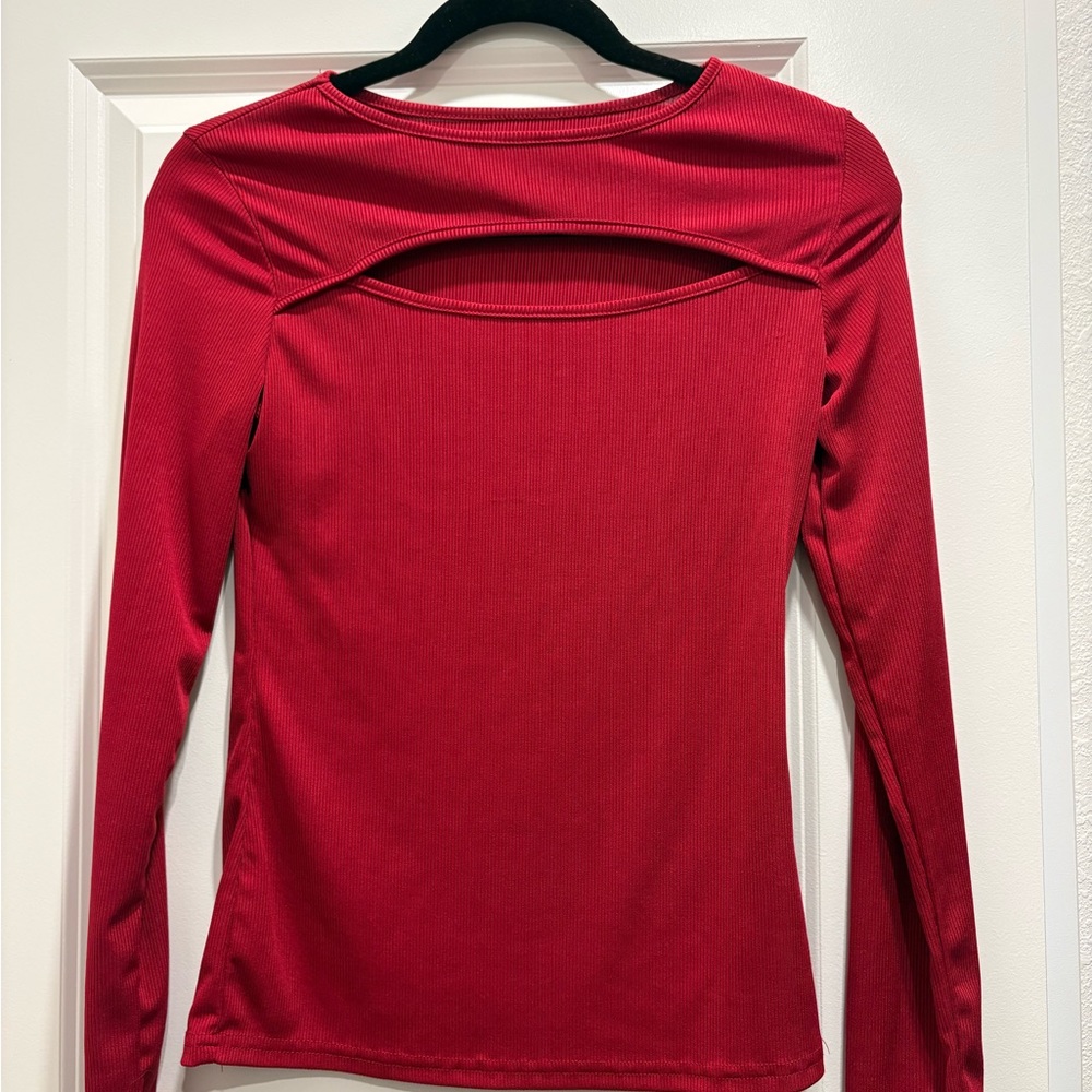 SHEIN Red Long Sleeve Ribbed Cutout Top